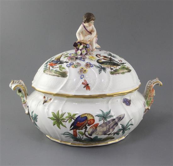 A Meissen basketweave moulded tureen and cover, mid 18th century, width 34cm